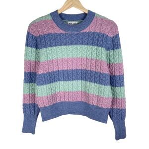 Vox Lux Rainbow Striped Cable Knit Crew Sweater Size S Purple Green Pink Pastel